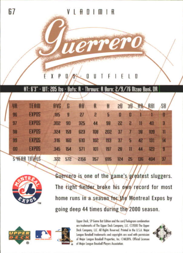 2001 SP Game Bat Edition #67 Vladimir Guerrero back image