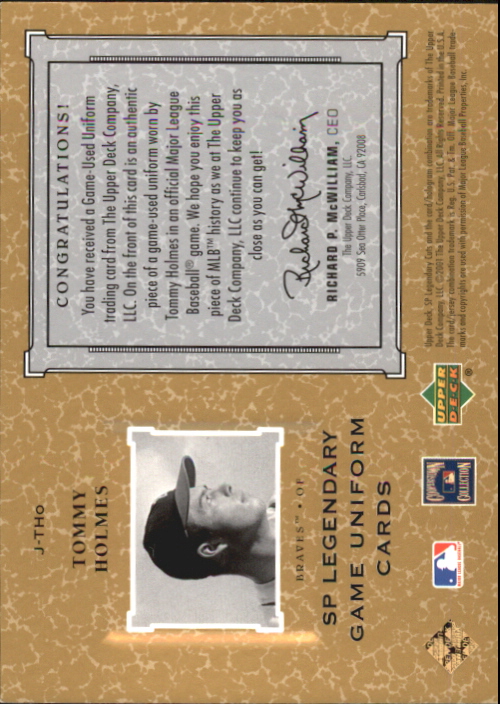 2001 SP Legendary Cuts Game Jersey #JTHO Tommy Holmes Uni * back image