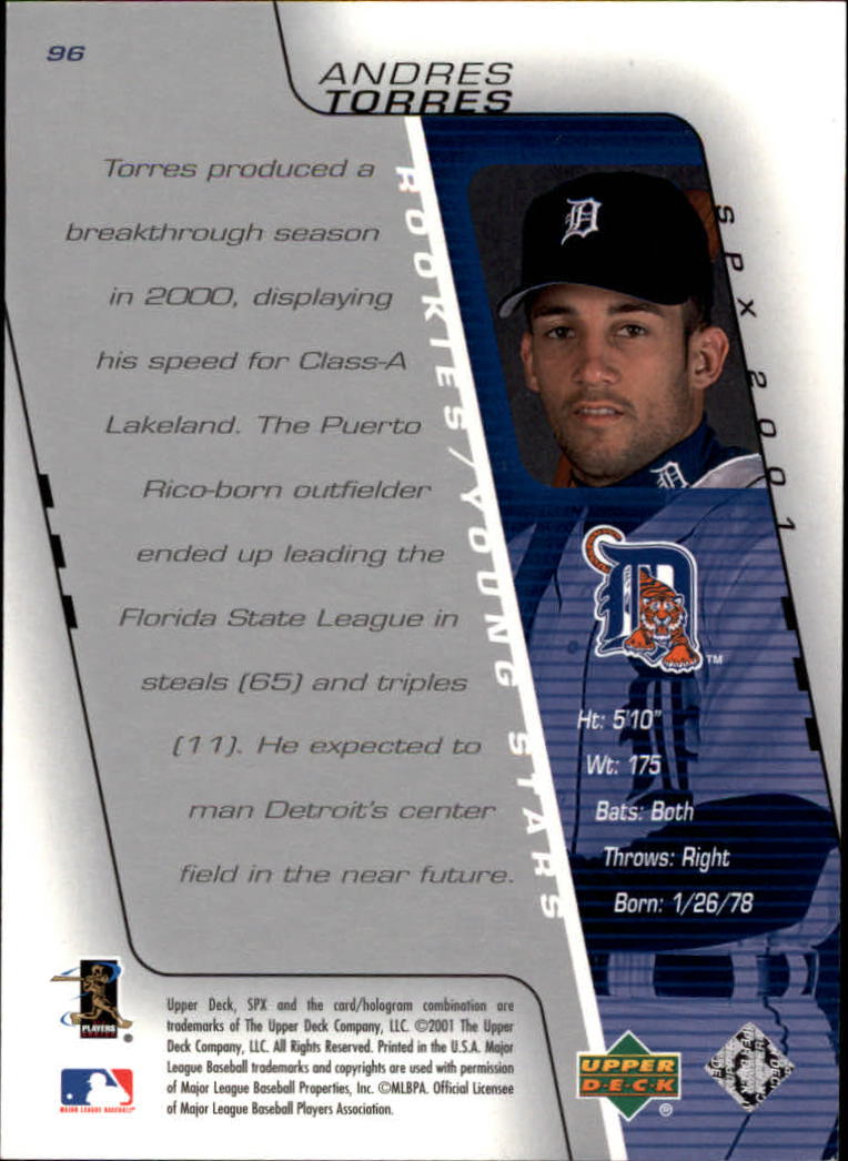 2001 SPx #96 Andres Torres YS RC back image