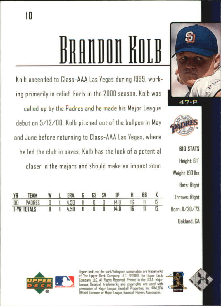 2001 Upper Deck #10 Brandon Kolb SR back image