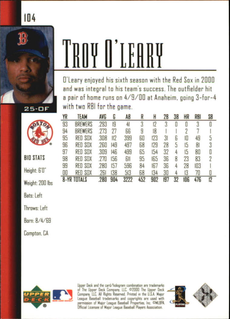 2001 Upper Deck #104 Troy O'Leary back image