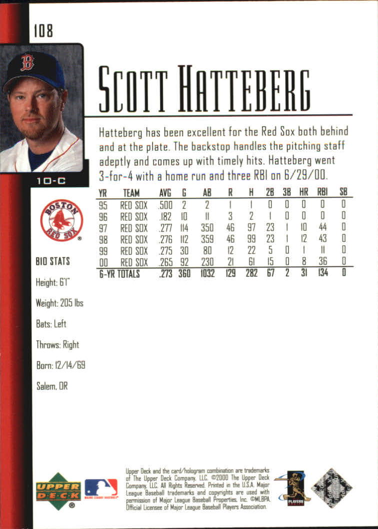 2001 Upper Deck #108 Scott Hatteberg back image