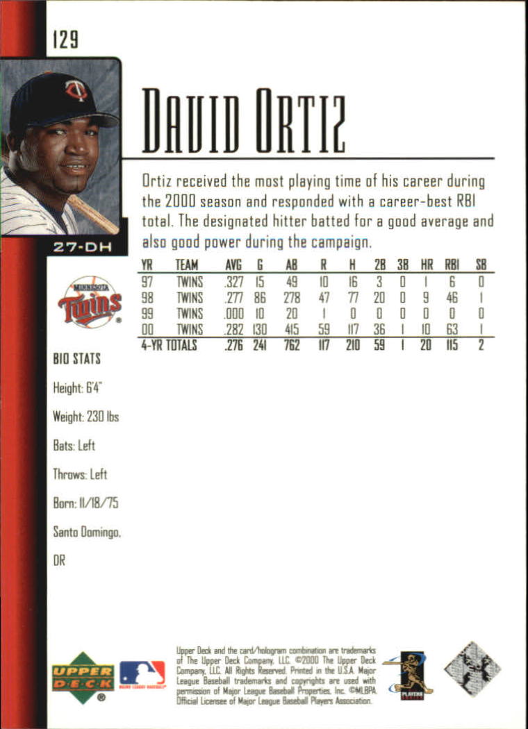 2001 Upper Deck #129 David Ortiz back image