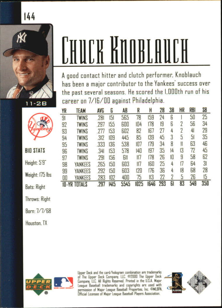 2001 Upper Deck #144 Chuck Knoblauch back image