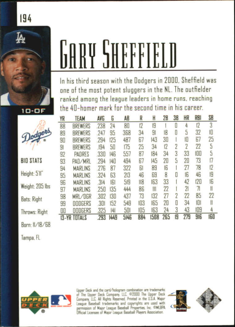 2001 Upper Deck #194 Gary Sheffield back image