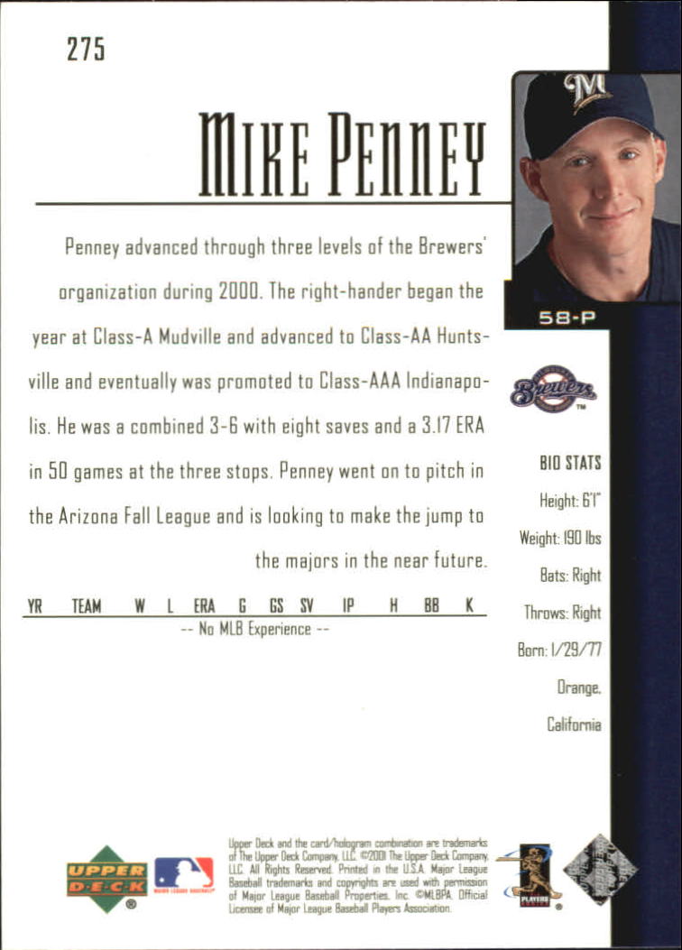 2001 Upper Deck #275 Mike Penney SR RC back image