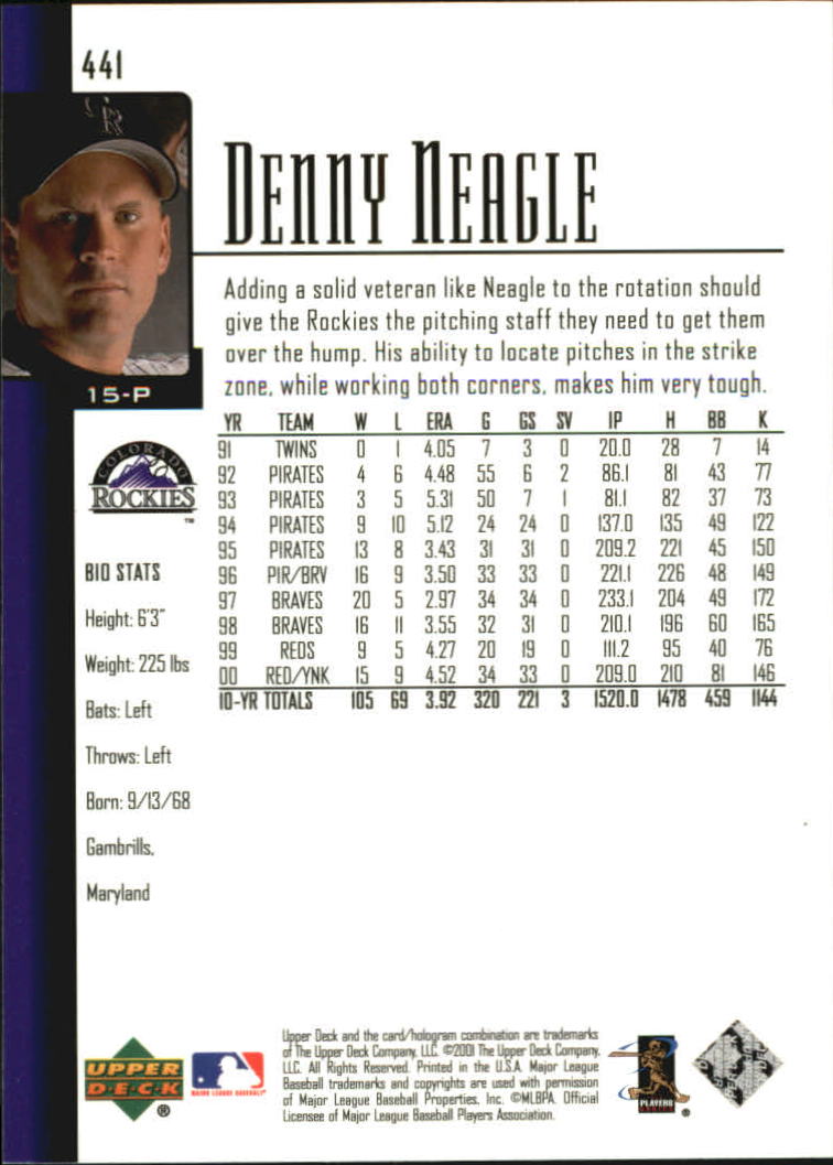 2001 Upper Deck #441 Denny Neagle back image