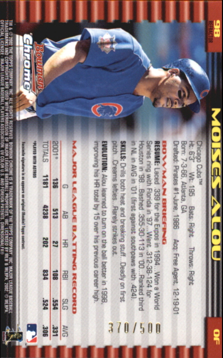 2002 Bowman Chrome Refractors #98 Moises Alou back image