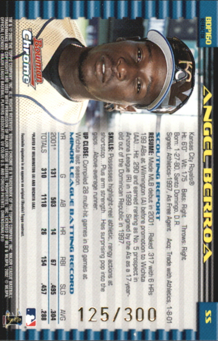 2002 Bowman Chrome Draft Refractors #160 Angel Berroa back image