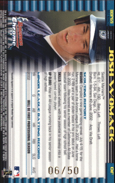 2002 Bowman Chrome Draft Gold Refractors #69 Josh Womack back image