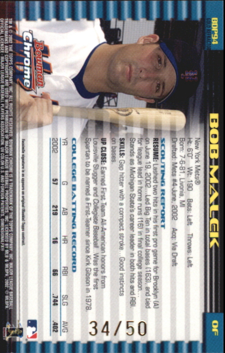 2002 Bowman Chrome Draft Gold Refractors #94 Bob Malek back image