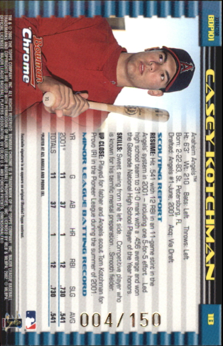 2002 Bowman Chrome Draft X-Fractors #101 Casey Kotchman back image