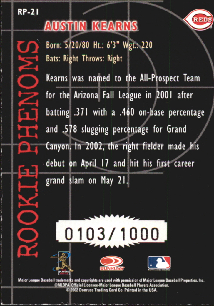 2002 Donruss Rookies Phenoms #21 Austin Kearns back image