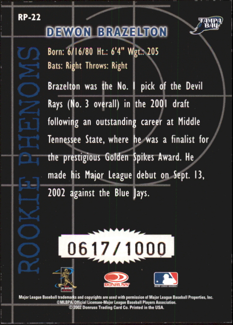 2002 Donruss Rookies Phenoms #22 Dewon Brazelton back image