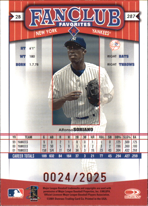 2002 Donruss Best of Fan Club Autographs #287 Alfonso Soriano FC/25* back image