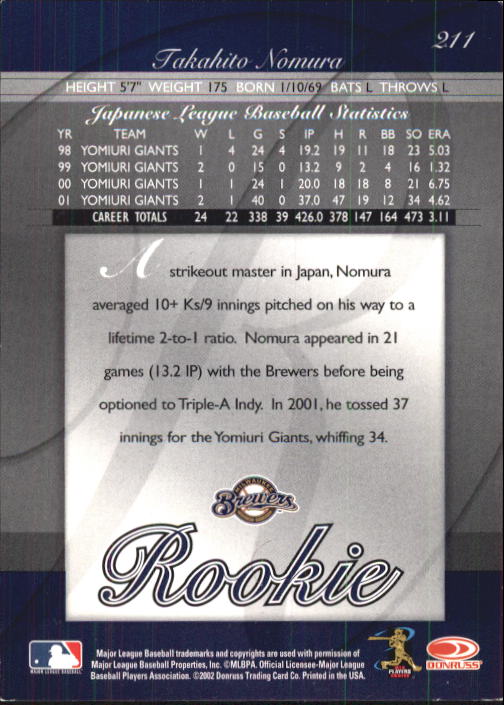 2002 Donruss Elite #211 Takahito Nomura/900* RC back image