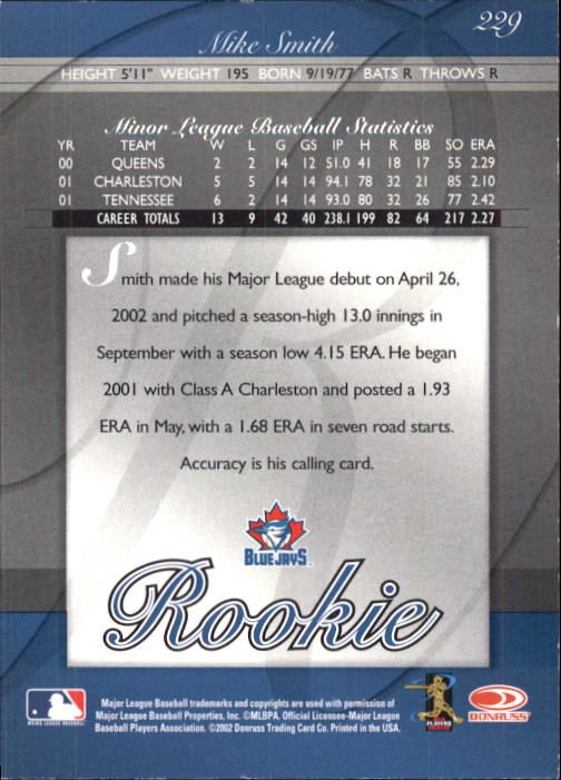 2002 Donruss Elite #229 Mike Smith/900* RC back image