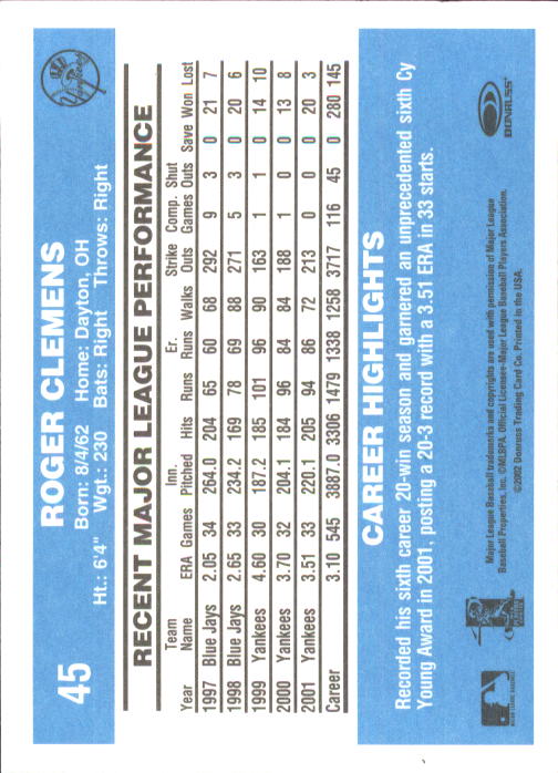 2002 Donruss Originals #45 Roger Clemens 82 SP back image