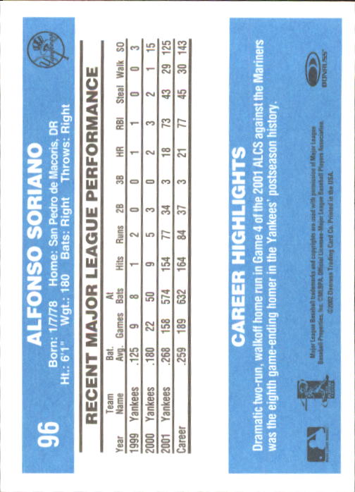 2002 Donruss Originals #96 Alfonso Soriano 82 SP back image