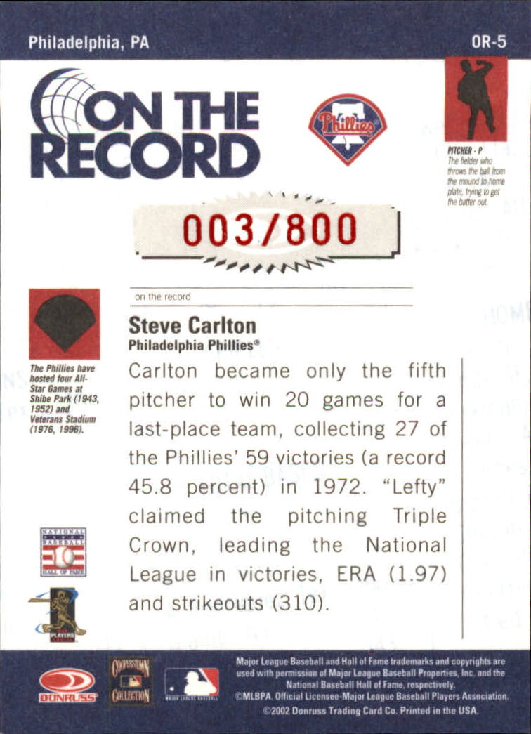 2002 Donruss Originals On The Record #5 Steve Carlton back image
