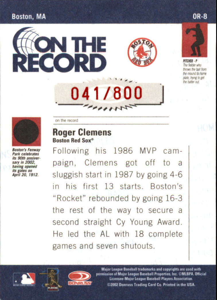 2002 Donruss Originals On The Record #8 Roger Clemens back image