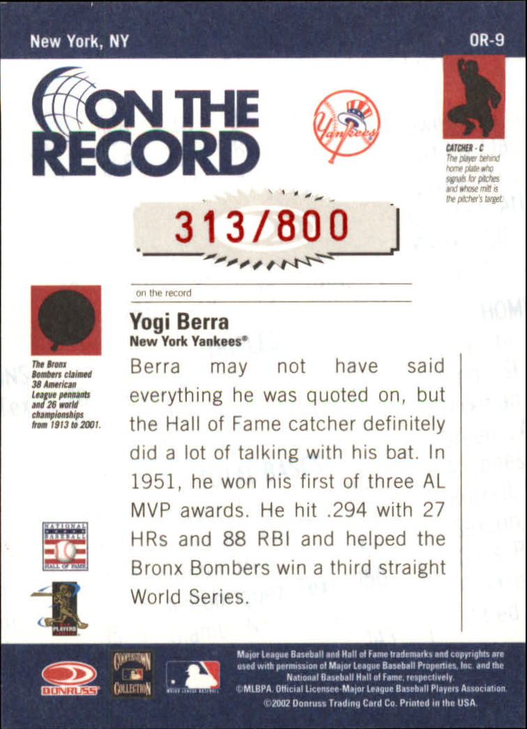 2002 Donruss Originals On The Record #9 Yogi Berra back image