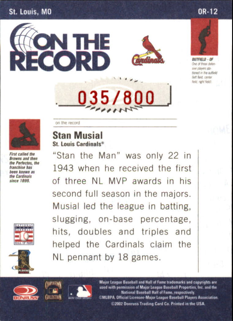 2002 Donruss Originals On The Record #12 Stan Musial back image