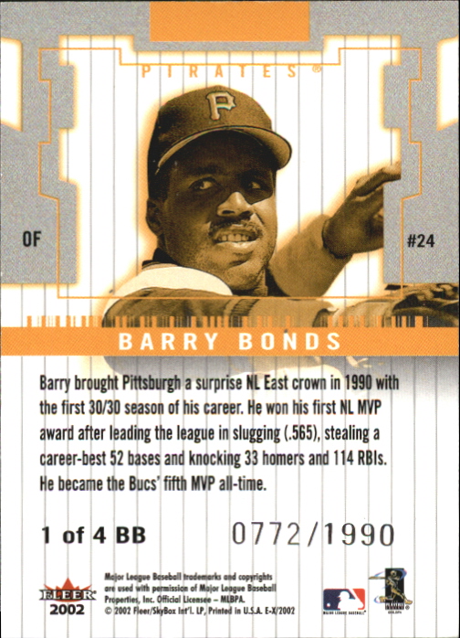 2002 E-X Barry Bonds 4X MVP #1 Barry Bonds/1990 back image