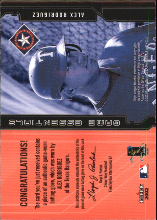 2002 E-X Game Essentials #26 Alex Rodriguez Btg Glv back image