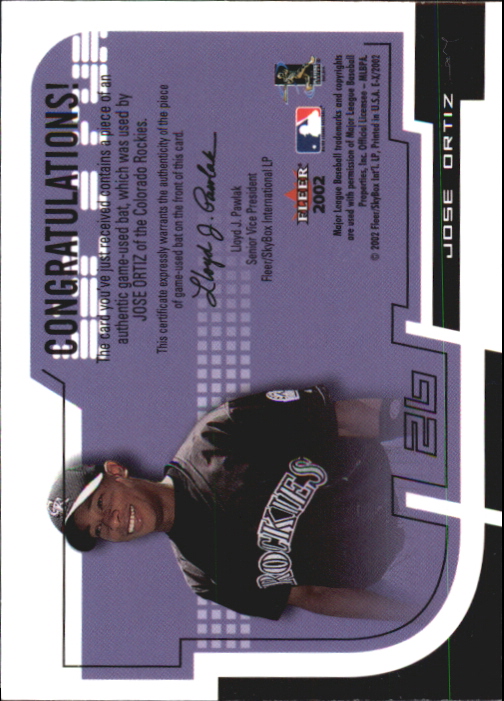 2002 E-X Hit and Run Game Bat #12 Jose Ortiz back image