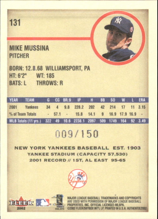 2002 Fleer Authentix Front Row #131 Mike Mussina back image