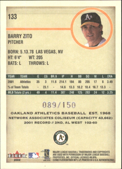 2002 Fleer Authentix Front Row #133 Barry Zito back image