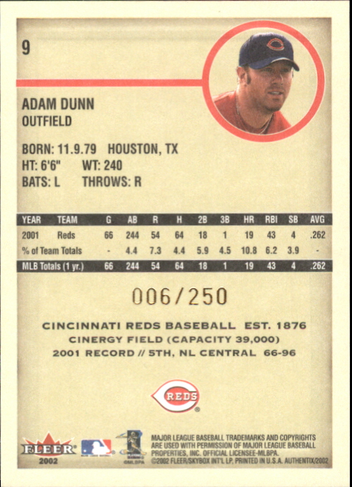 2002 Fleer Authentix Second Row #9 Adam Dunn back image