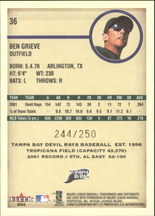 2002 Fleer Authentix Second Row #36 Ben Grieve back image