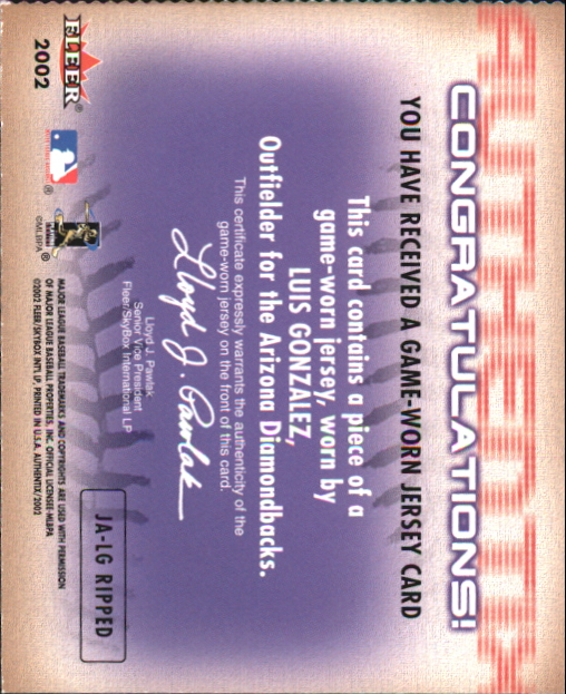 2002 Fleer Authentix Jersey AuthenTIX #JALG Luis Gonzalez SP back image