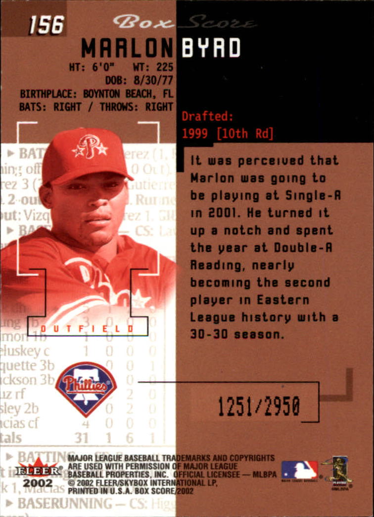 2002 Fleer Box Score #156 Marlon Byrd RS back image