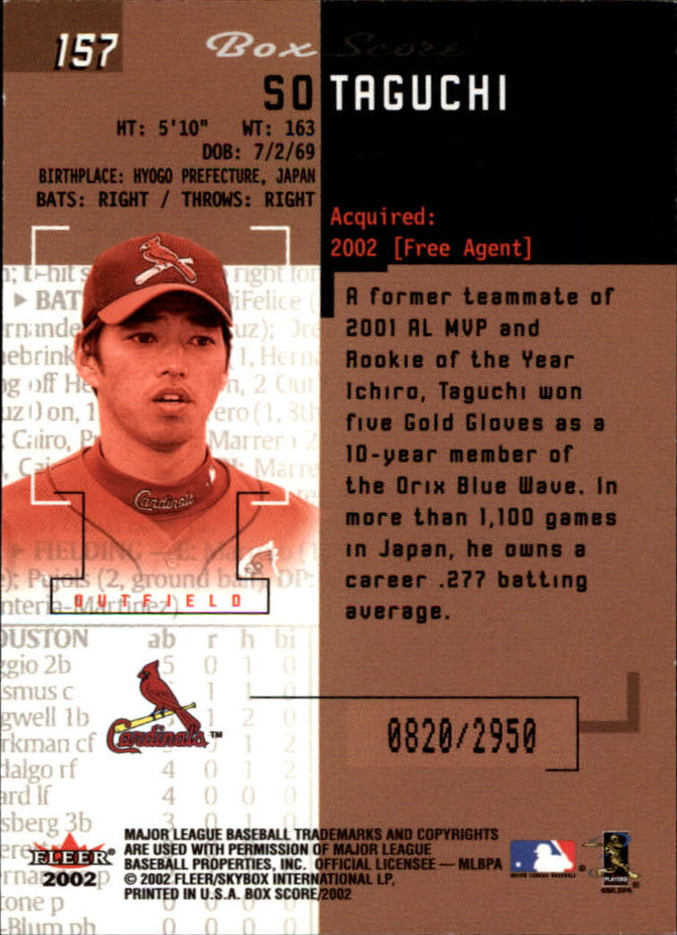 2002 Fleer Box Score #157 So Taguchi RS RC back image