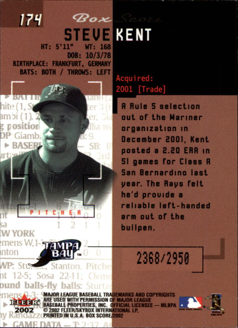 2002 Fleer Box Score #174 Steve Kent RS RC back image