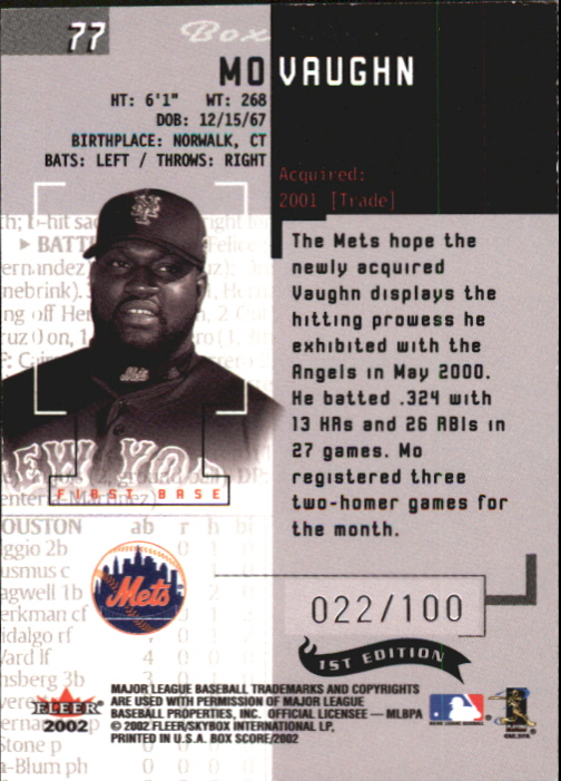 2002 Fleer Box Score First Edition #77 Mo Vaughn back image