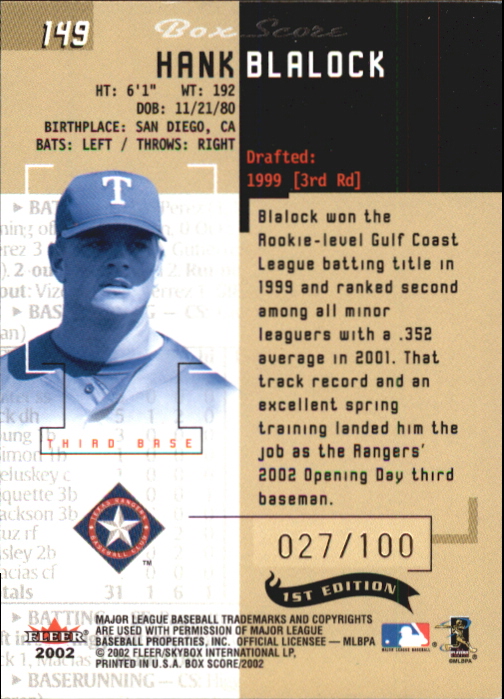 2002 Fleer Box Score First Edition #149 Hank Blalock RP back image