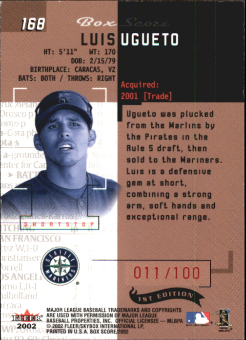 2002 Fleer Box Score First Edition #168 Luis Ugueto RS back image