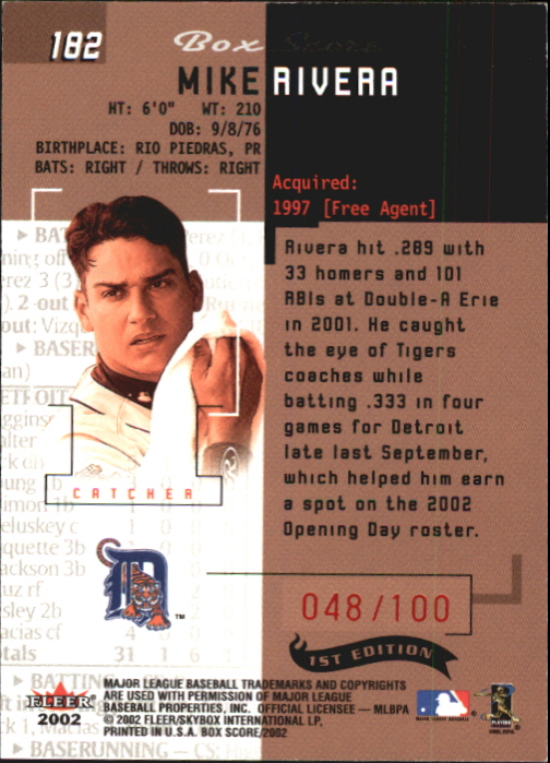 2002 Fleer Box Score First Edition #182 Mike Rivera RS back image