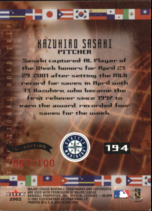 2002 Fleer Box Score First Edition #194 Kazuhiro Sasaki IRT back image