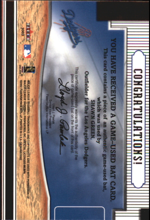 2002 Fleer Genuine Bats Incredible Game Used #6 Shawn Green back image