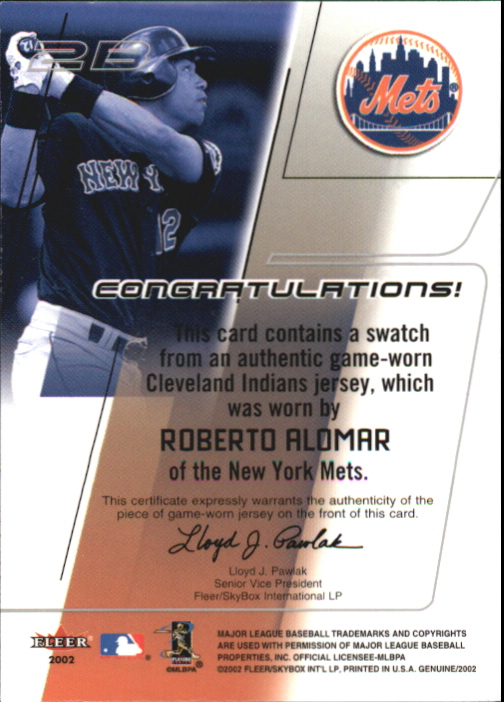 2002 Fleer Genuine Names of the Game Memorabilia #1 Roberto Alomar back image
