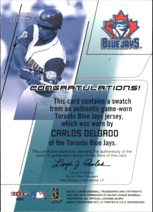 2002 Fleer Genuine Names of the Game Memorabilia #2 Carlos Delgado back image