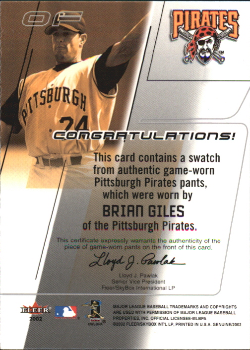 2002 Fleer Genuine Names of the Game Memorabilia #7 Brian Giles back image