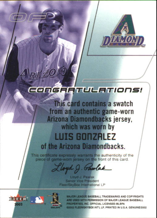2002 Fleer Genuine Names of the Game Memorabilia #8 Luis Gonzalez back image