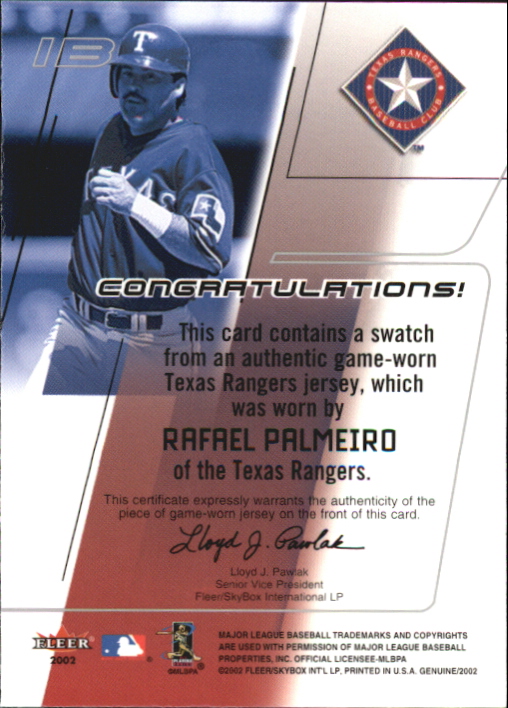 2002 Fleer Genuine Names of the Game Memorabilia #14 Rafael Palmeiro back image