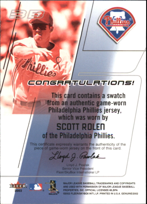 2002 Fleer Genuine Names of the Game Memorabilia #17 Scott Rolen back image